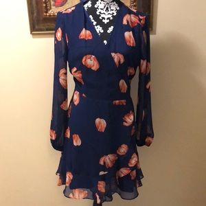 💙All in Favor Crepe chiffon long-sleeve cross tied tulip print ruffle hem dress